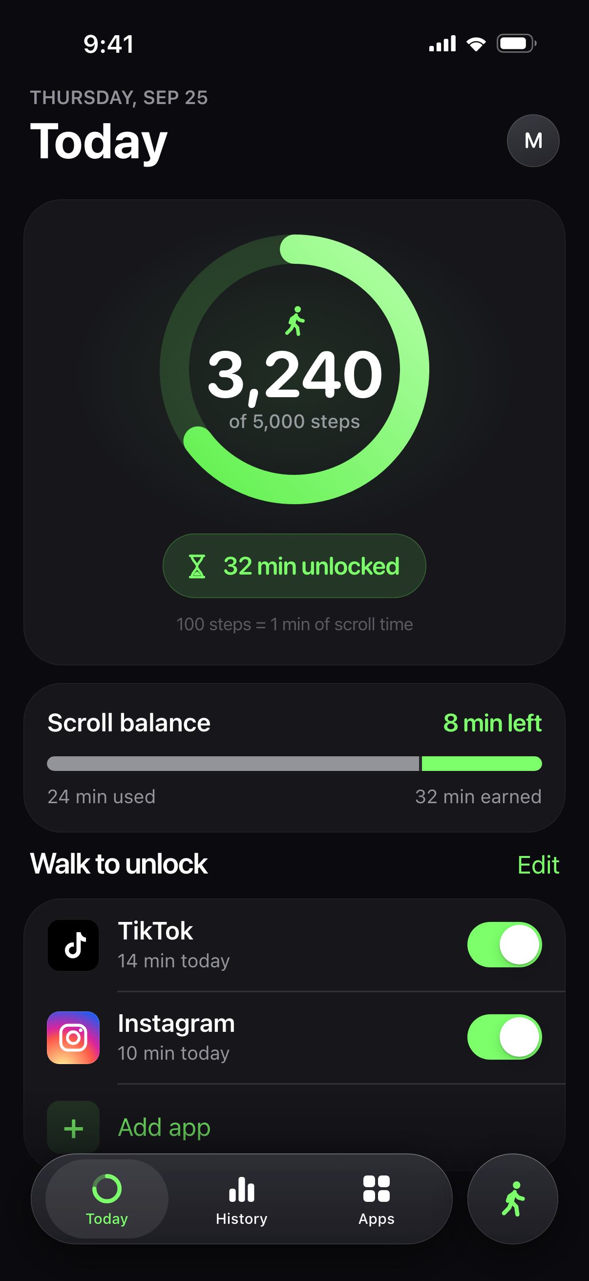Today: 3,240 steps = 32 min unlocked