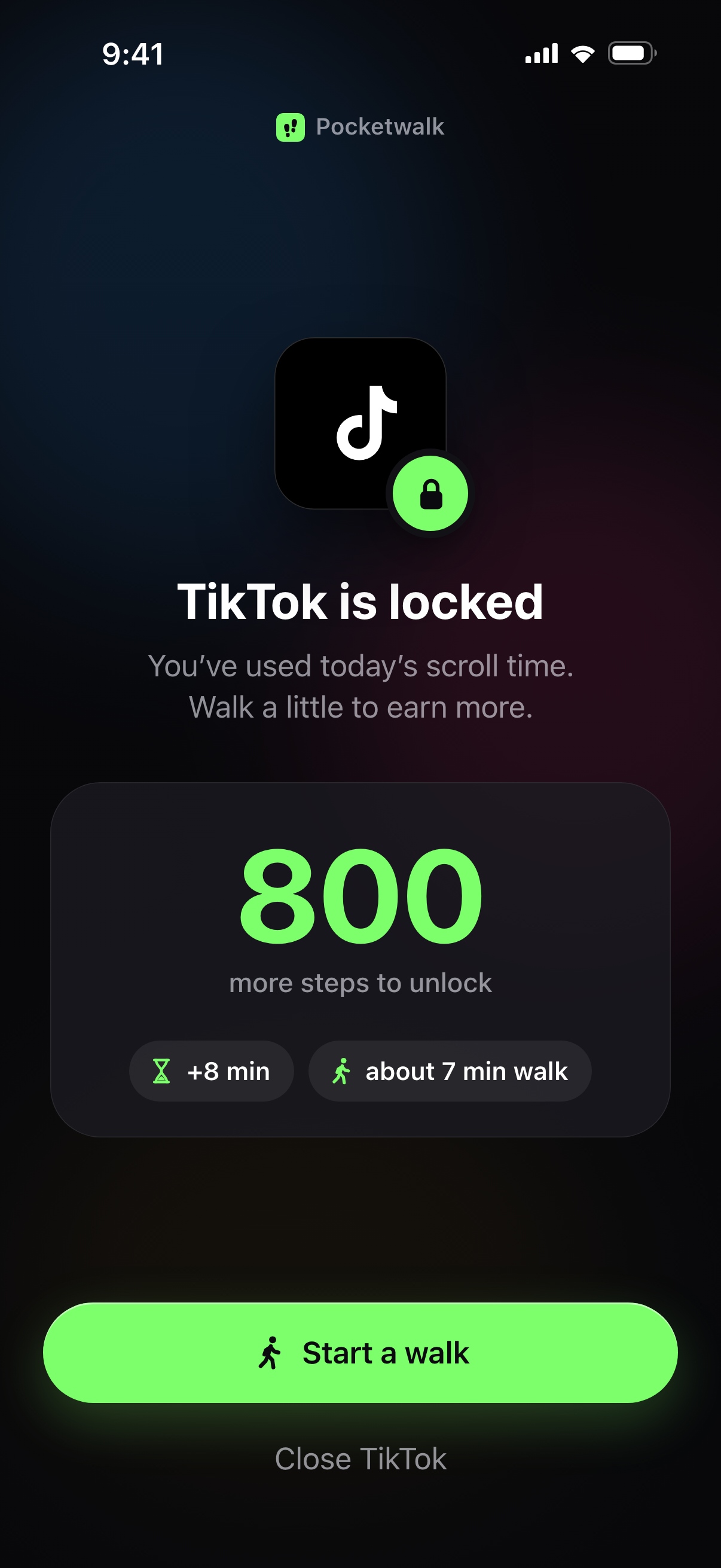 TikTok is locked. Walk 800 more steps.